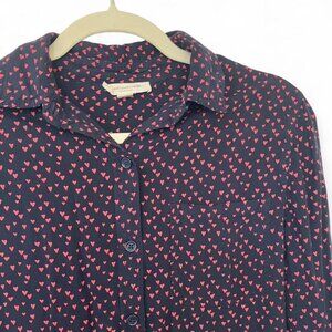 Navy Red Heart Preppy Playful Office Work Button Down Shirt